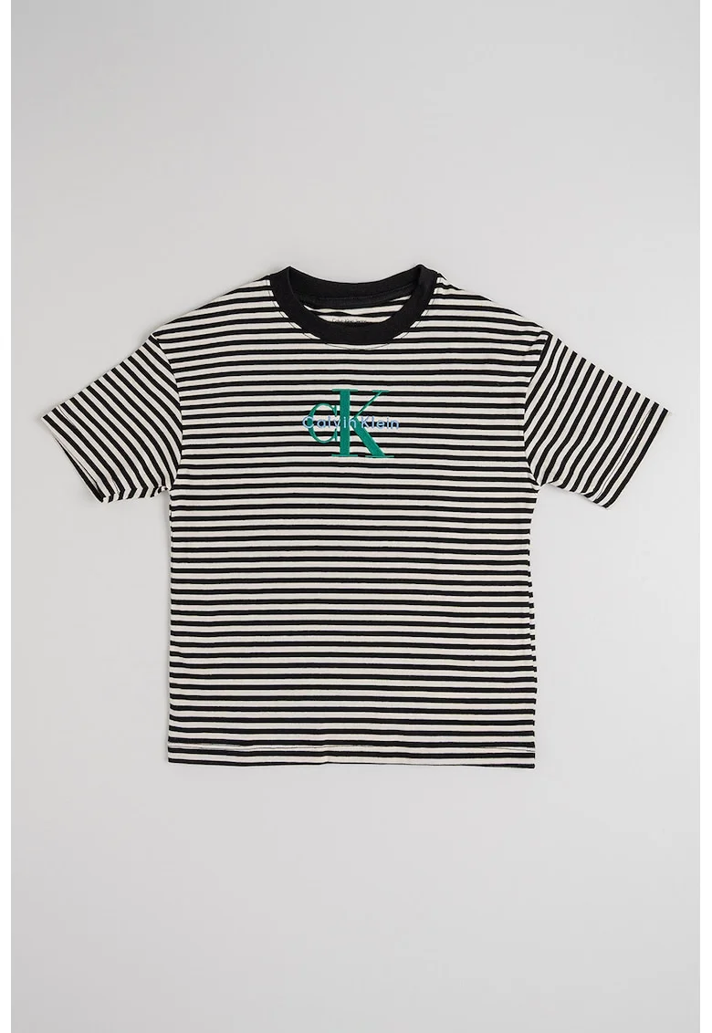 Tricou din bumbac organic cu model in dungi si logo brodat, Negru/Crem
