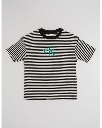 Tricou din bumbac organic cu model in dungi si logo brodat, Negru/Crem