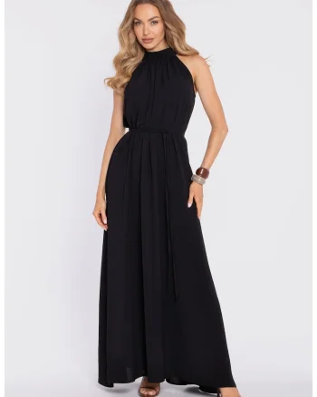 Rochie maxi cu decolteu halter si curea,, Negru