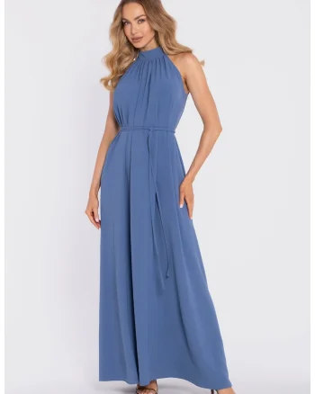 Rochie maxi cu decolteu halter si curea,, Albastru