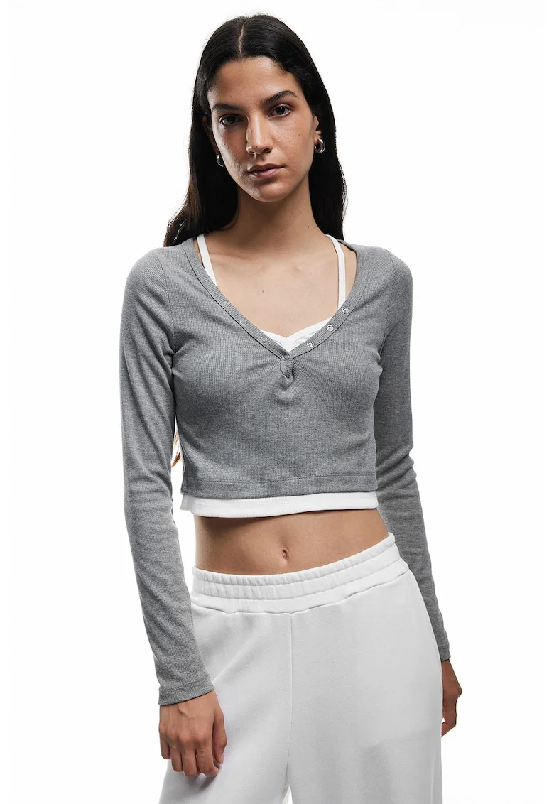 Bluza crop uni, Alb/Gri melange