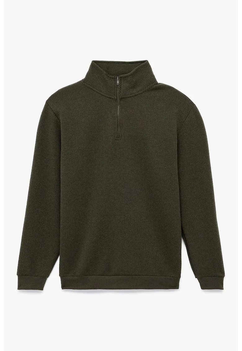 Bluza de trening cu aspect texturat si guler mediu, Verde padure