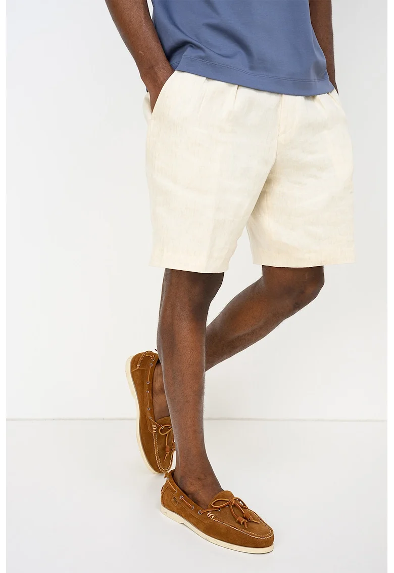 Pantaloni scurti de in cu talie medie, Alb fildes