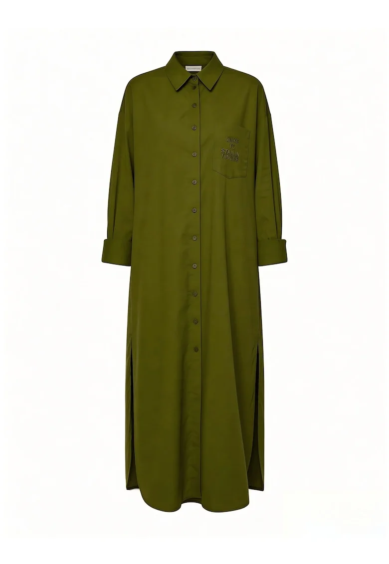 Rochie-camasa supradimensionata cu slituri laterale, Kaki inchis