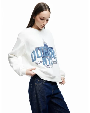 Bluza de trening cu imprimeu si maneci cazute, Alb/Albastru