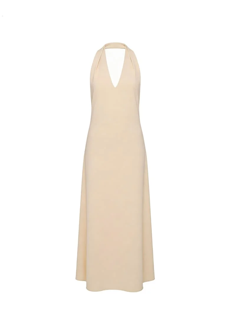 Rochie maxi din amestec de in cu decolteu halter si decupaj pe spate, Bej