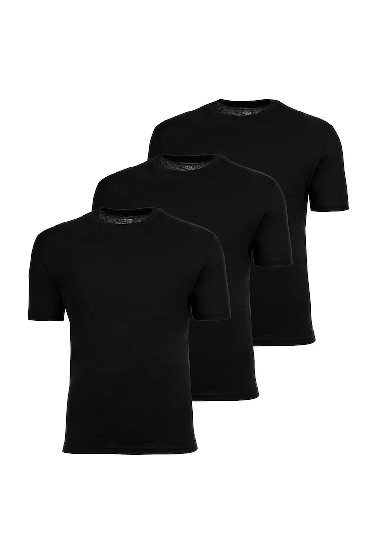 Set de tricouri din amestec de bumbac cu decolteu la baza gatului - 3 piese, Negru