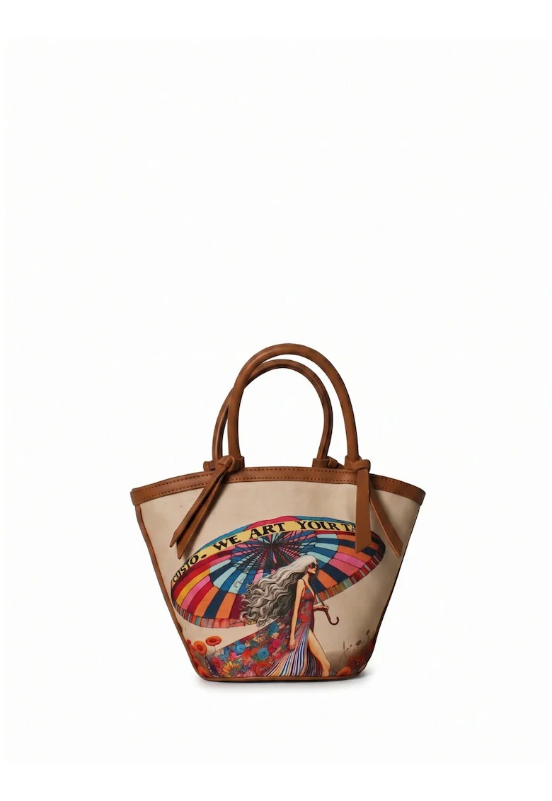 Geanta bucket cu maner si model grafic Celestia, Roz