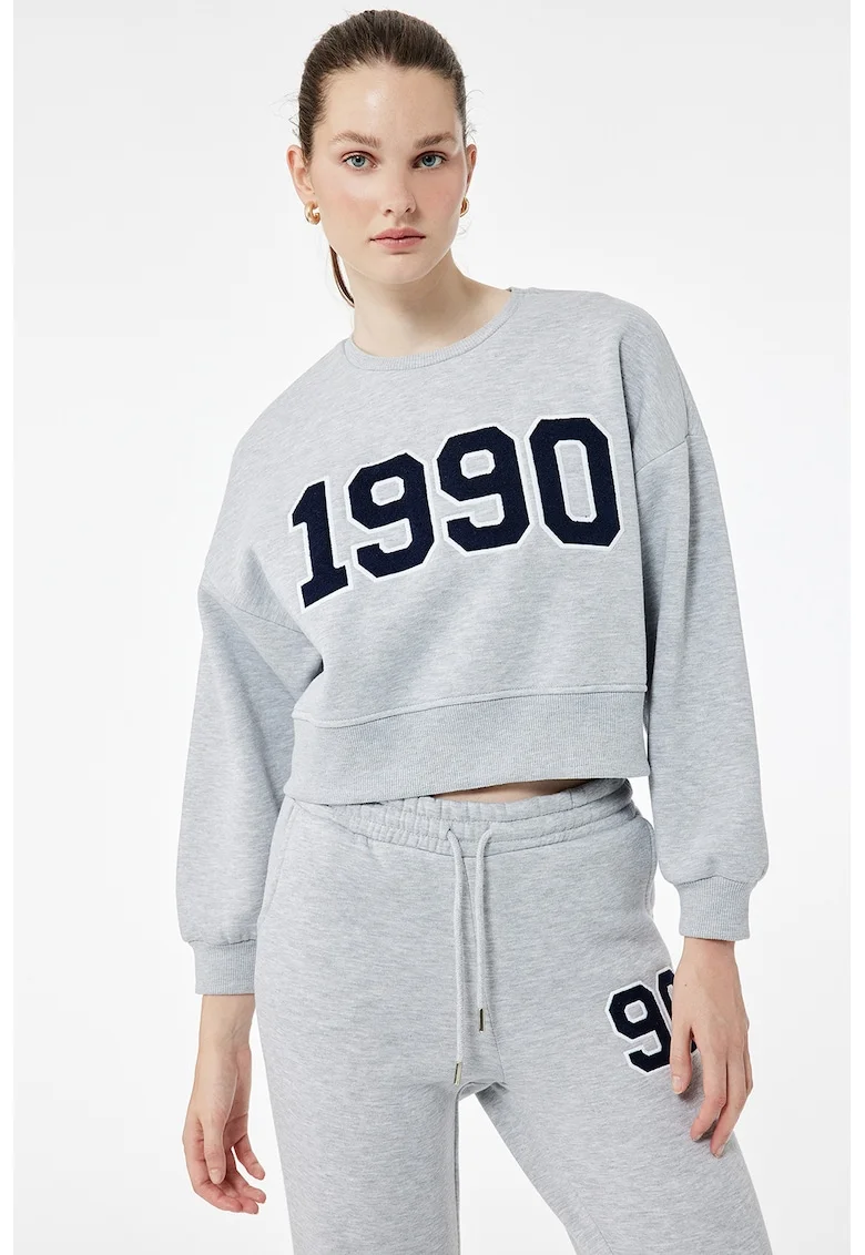 Bluza crop de trening cu aplicatie contrastanta, Gri deschis melange