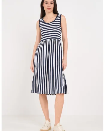 Rochie midi cu model in dungi, Alb/Bleumarin