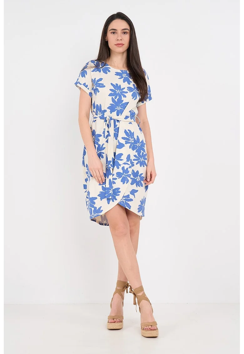 Rochie cu imprimeu si cordon in talie, Albastru pastel/Alb murdar