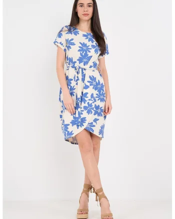 Rochie cu imprimeu si cordon in talie, Albastru pastel/Alb murdar