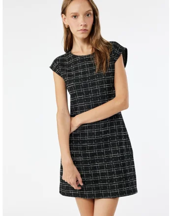 Rochie cu fermoar si model in carouri, Negru/Argintiu