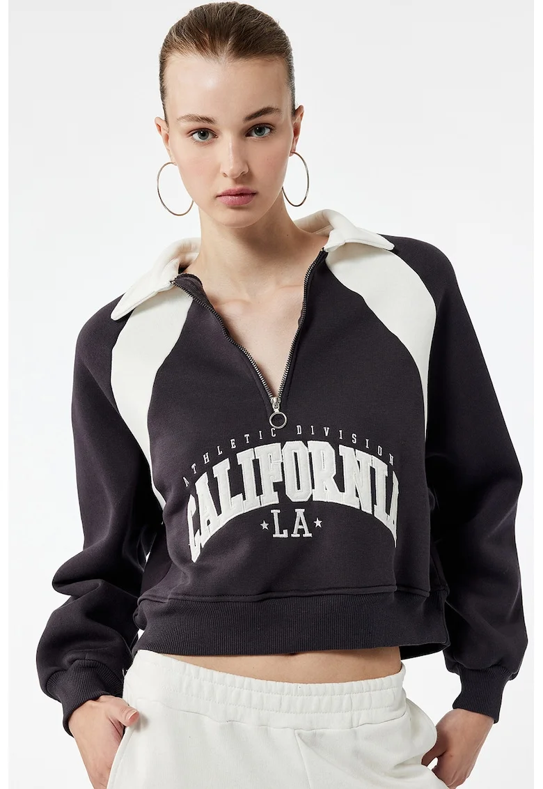 Bluza de trening crop cu fermoar scurt, Alb/Negru stins
