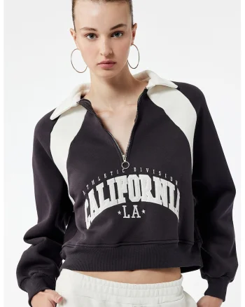 Bluza de trening crop cu fermoar scurt, Alb/Negru stins