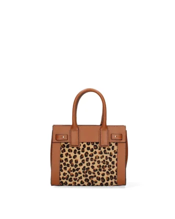 Geanta de piele cu maner si segment de piele intoarsa Oriana Plus, Maro cognac/Multicolor
