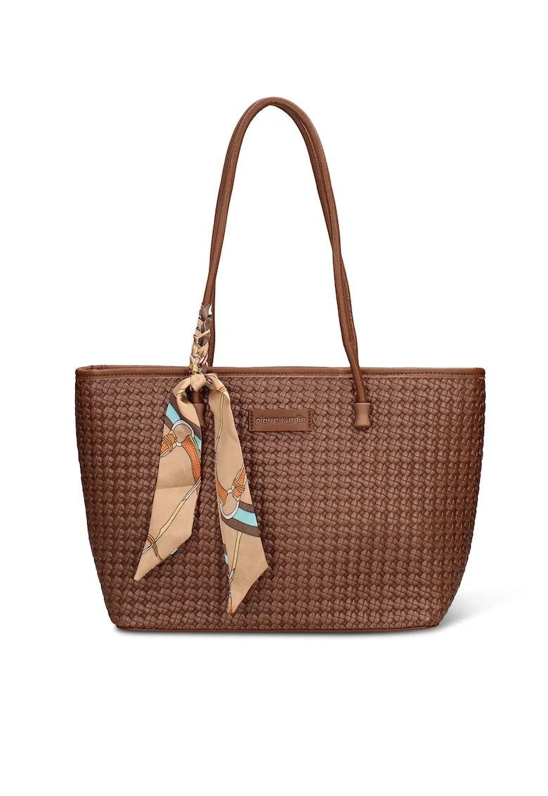 Geanta shopper de piele ecologica cu accesoriu esarfa Emberly Pro, Maro cognac