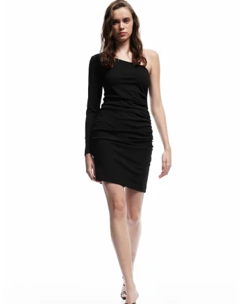 Rochie scurta cu decolteu pe un umar, Negru