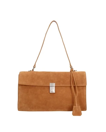 Geanta de piele intoarsa cu bareta de umar Lavinia Chic, Caramel