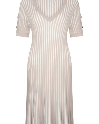 Rochie cu decolteu in V si model in dungi, Bej