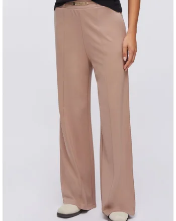 Pantaloni cu talie medie si lant decorativ, Bej