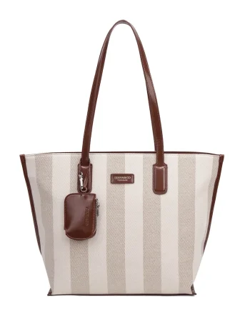 Geanta shopper cu model in dungi Celestea Pro, Maro cognac/Gri
