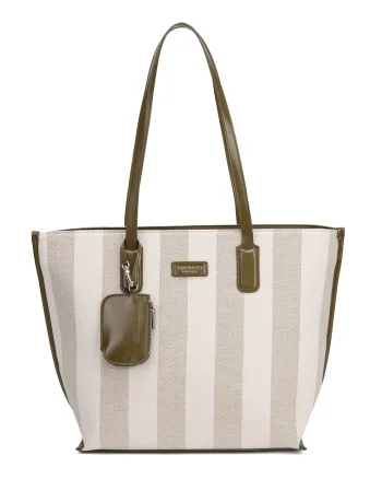 Geanta shopper cu model in dungi Celestea Pro, Verde/Gri