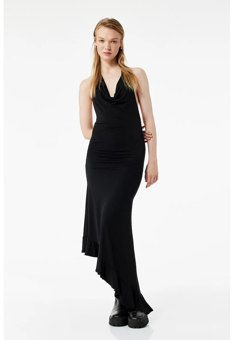 Rochie asimetrica cu decolte halter si garnitura cu volane, Negru
