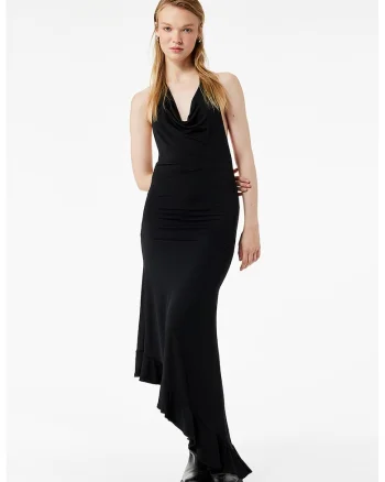 Rochie asimetrica cu decolte halter si garnitura cu volane, Negru