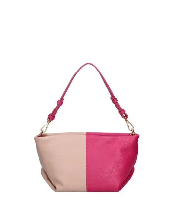 Geanta din piele cu model uni, fermoar si bareta de umar, Fucsia