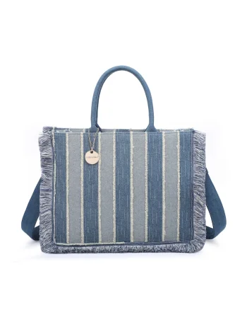 Geanta tote din denim Nevia, Maro taupe/Albastru