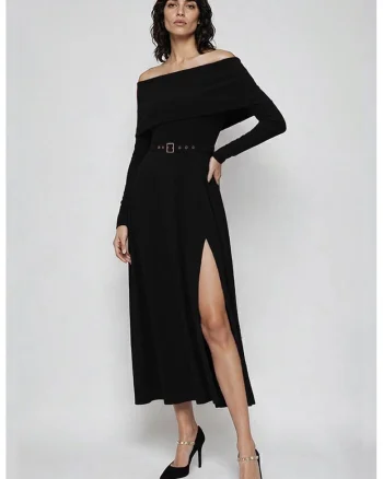Rochie din amestec de lyocell cu decolteu pe umeri, Negru