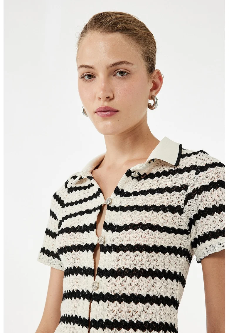 Cardigan polo cu dungi, Alb fildes/Negru