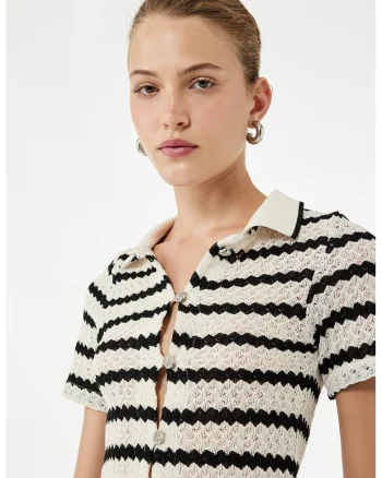 Cardigan polo cu dungi, Alb fildes/Negru