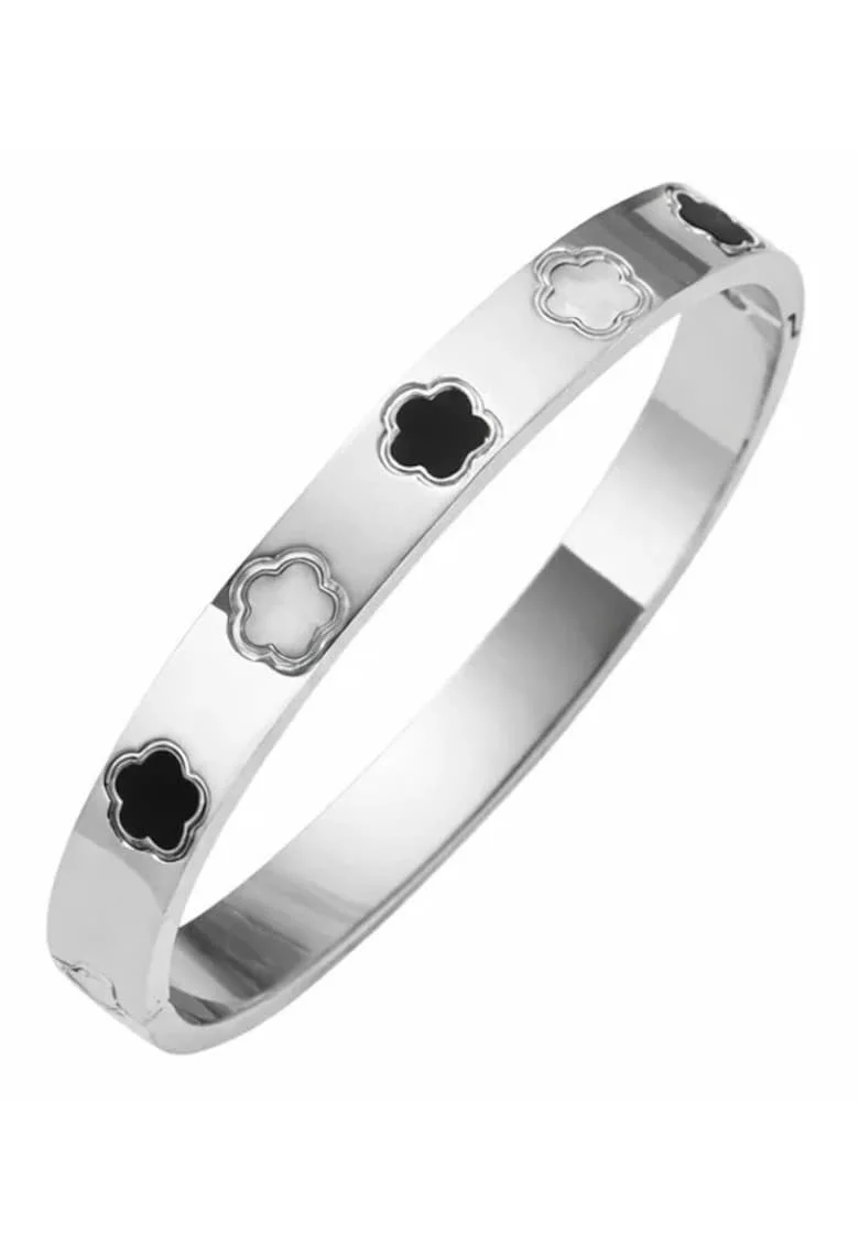 Bratara bangle,  argintie, suflata cu aur 18k, trifoi, 6cm diameter
