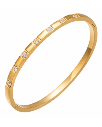 Bratara aurie, tip bangle, din otel inoxidabil, suflata cu aur 18k, cu zirconii, Dorelia C1