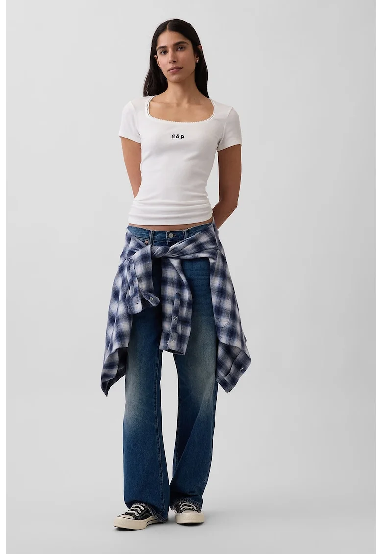 Tricou slim-fit cu decolteu patrat, Alb optic