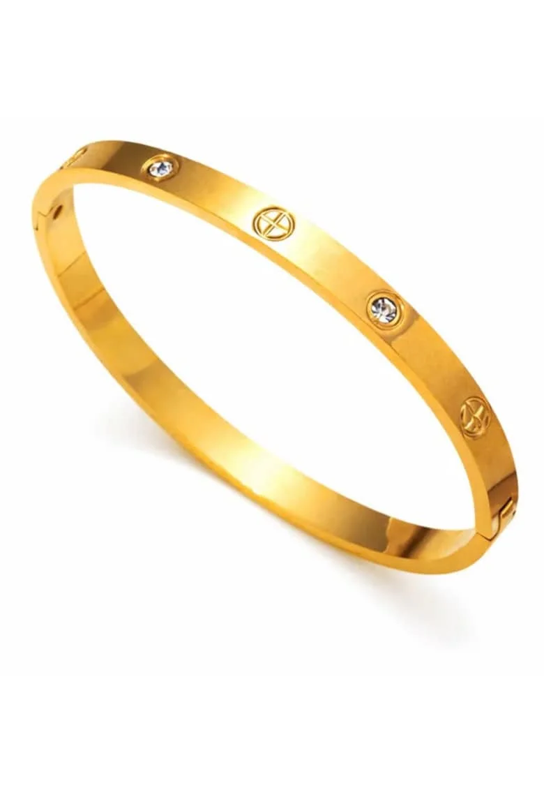Bratara aurie, tip bangle, din otel inoxidabil, suflata cu aur 18k, cu zirconii, Miralya C1