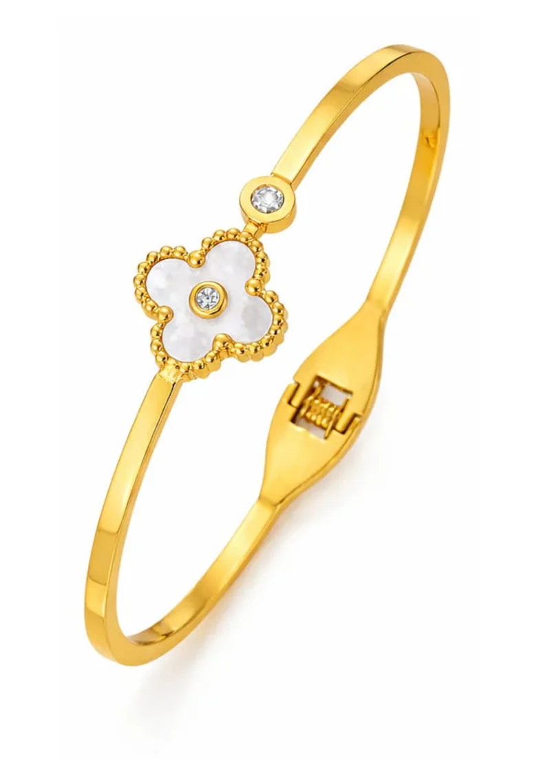 Brățară bangle,  aur 18k, zirconii, trifoi, 6cm