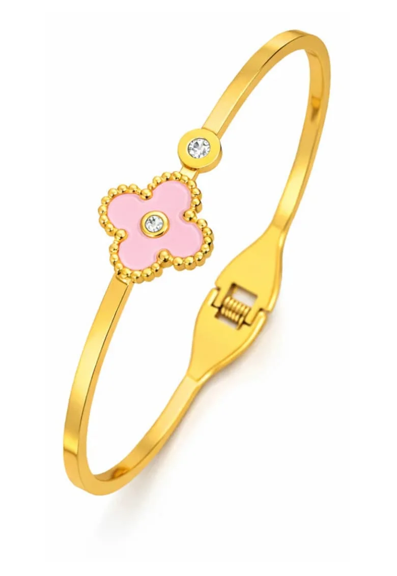 Brătară bangle,  inox suflat cu aur 18k, zirconii, trifoi, 6cm