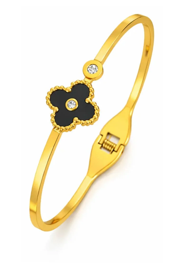 Bratara aurie, tip bangle, din otel inoxidabil, suflata cu aur 18k, cu zirconii si trifoi, Miravel C6