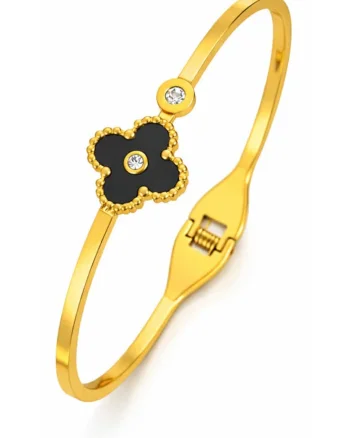 Bratara aurie, tip bangle, din otel inoxidabil, suflata cu aur 18k, cu zirconii si trifoi, Miravel C6