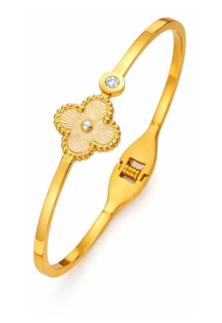 Bratara bangle  otel inoxidabil suflat cu aur 18k, zirconii, trifoi, 6cm