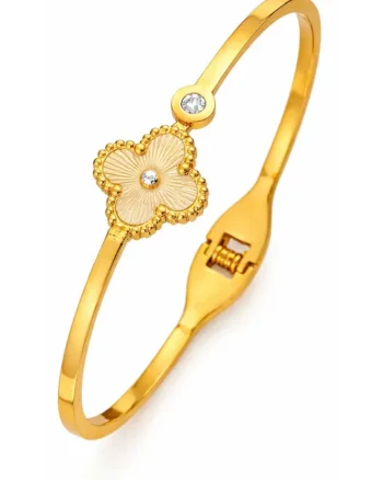 Bratara bangle  otel inoxidabil suflat cu aur 18k, zirconii, trifoi, 6cm