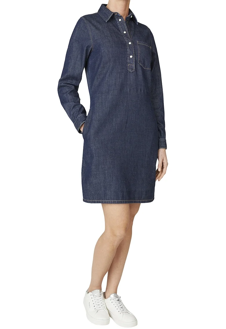 Rochie scurta din deni cu maneci lungi si fenta cu fermoar, Bleumarin