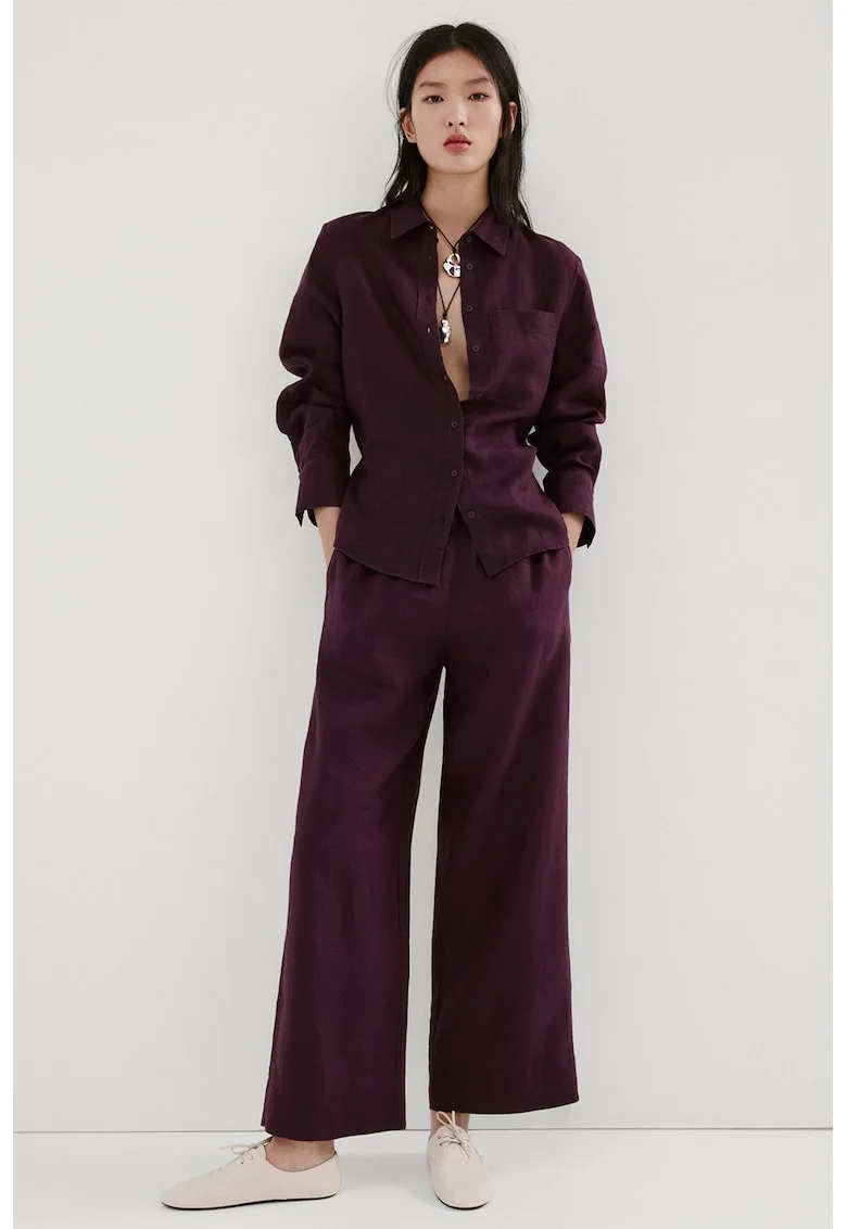 Pantaloni din in cu croiaal ampla, Violet inchis