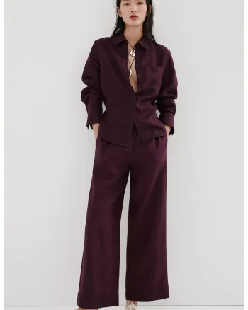 Pantaloni din in cu croiaal ampla, Violet inchis