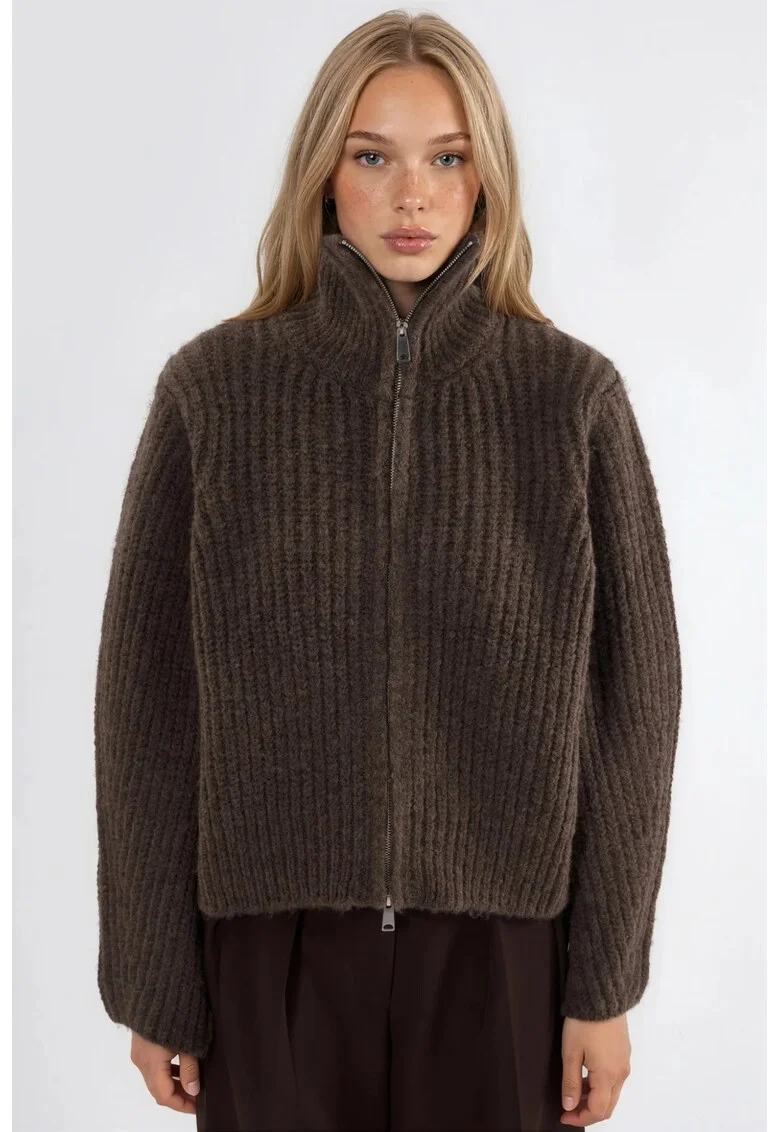 Cardigan,  guler inalt, texturat, maro