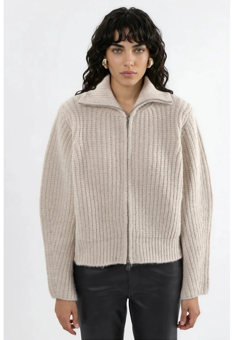 Cardigan,  gros texturat, guler inalt, fermoar, bej