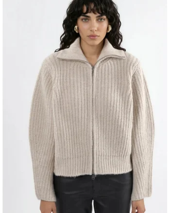Cardigan,  gros texturat, guler inalt, fermoar, bej